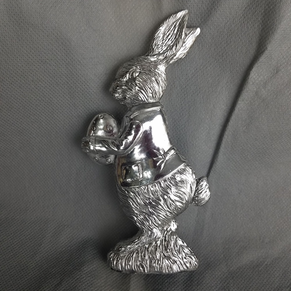 Silver Tone Bunny Rabbit Holding Easter Egg‎ Figurine Charming Spring Decor